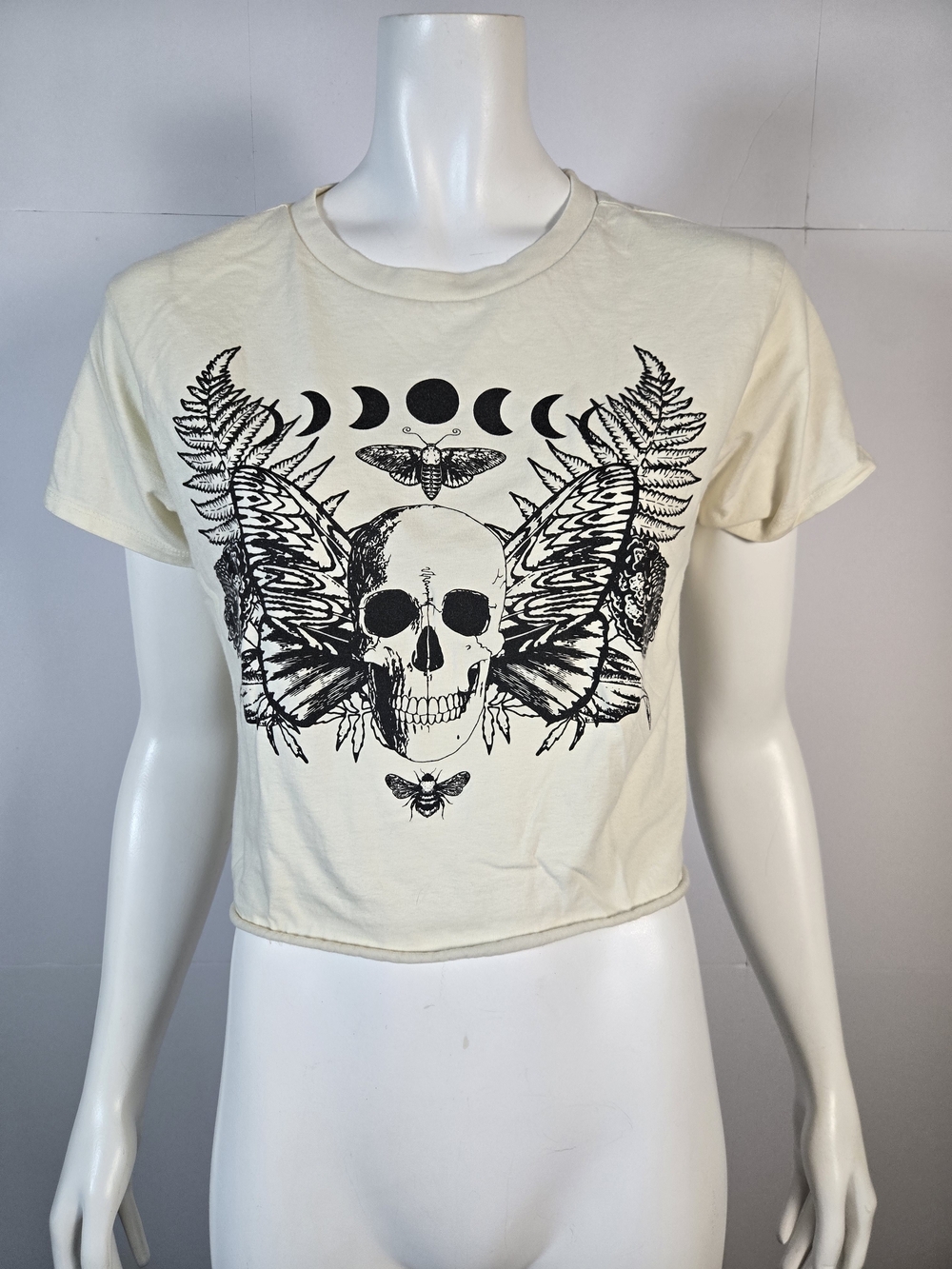Hot Topic Moth Skeleton Celesti Cream Crop Top with Black Skull & Wing Graphic